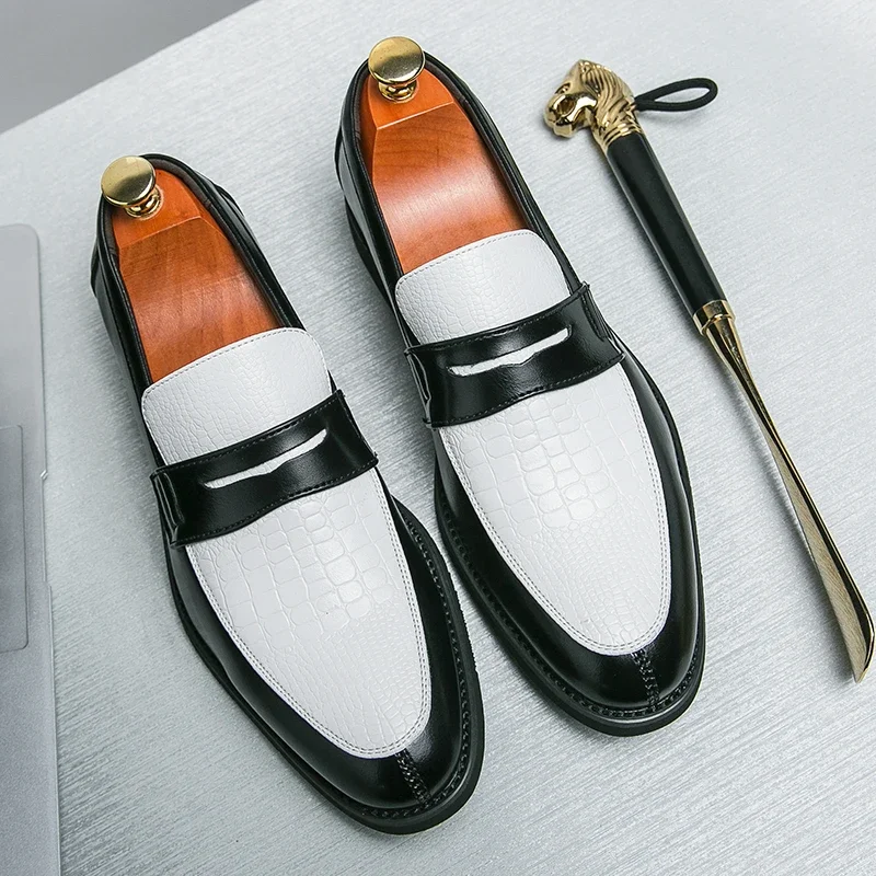 Men Shoes Boss - Men Black White Penny Loafers Crocodile